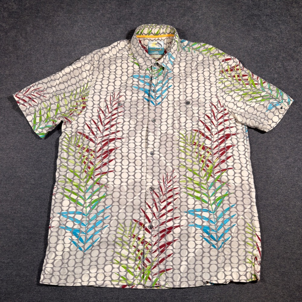 Tommy Bahama Button Up Shirt Mens M Gray Silk Island Modern Fit Leaf Print Aloha